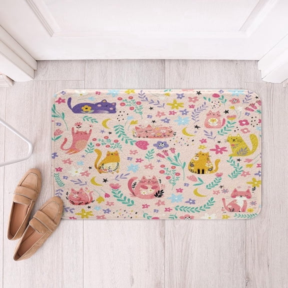 Funny Cat Bathroom Rug Cute Cartoon Kitty Flower Bath Mat 16x24 Inch Animal Theme Kawaii Room Pink Decor