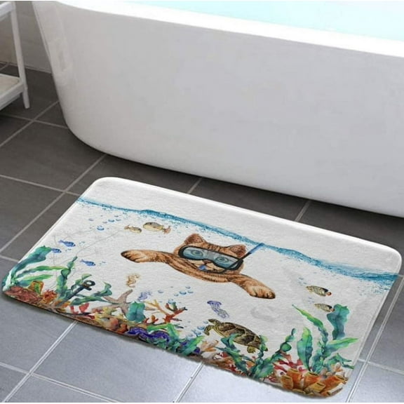 Funny Cat Bathroom Rug Mat, Cat Diving Bath Rugs, Tropical Fish Coral Underwater Sea Animal Non-Slip Bath Mats for Bathroom Floor, Tub and Shower, 17X29in