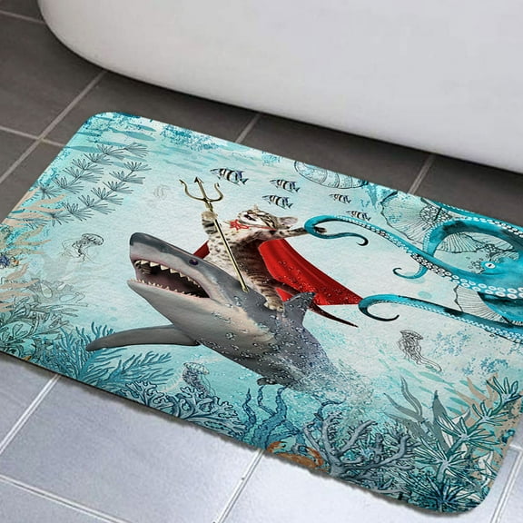 Funny Cat Bathroom Rugs, Cat Riding Shark Whale Cute Bathroom Rugs for Kids Bathroom, Blue Teal Ocean Underwater Tropical Fish Hilarious Bathroom Rug Mat 17x29inch, Soft Absorbent Bath Rugs