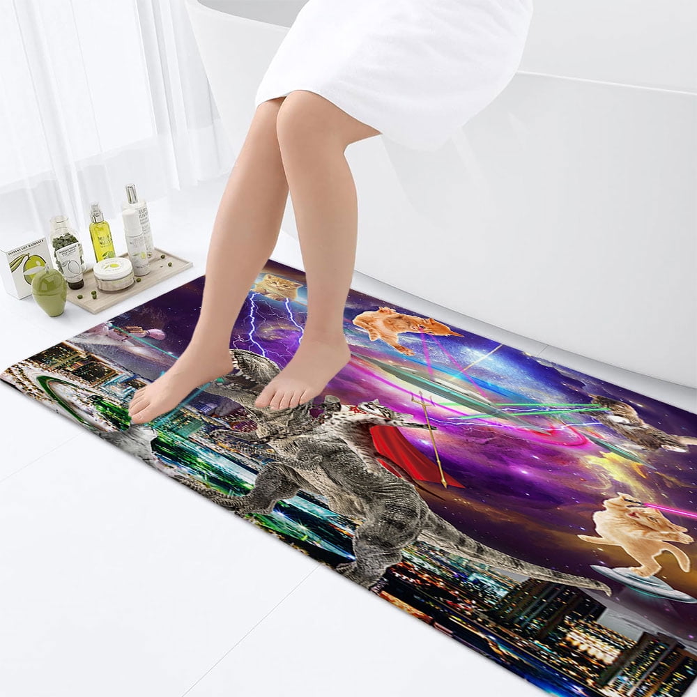 Funny Cat Bathroom Rugs, Cool Cat Riding Dinosaur NonSlip Bath Rugs