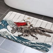 Funny Cat Bathroom Rugs Dinosaur Bath Mat, Cool Cat Dinosaur Japanese Ocean Wave Decor Soft Bathroom Rugs, Rustic Wooden Barn Farmhouse Bath Mat, 17X29 Inches