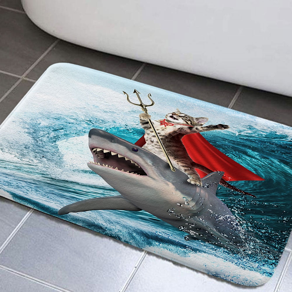 Funny Cat Bathroom Rugs, Cat Riding Shark Whale Cute Bathroom Rugs Set ...