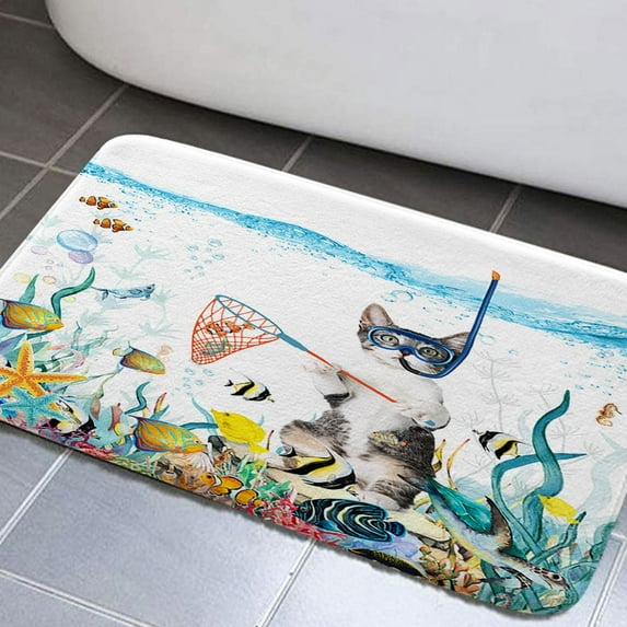 Funny Cat Bathroom Rugs, Teal Blue Ocean Fish Shower Curtain Funny Bathroom Rugs Set for Kids Bathroom, Ocean Animal Starfish Fish Turtle Bathroom Rugs Funny Cat Bathroom Rug Mat 17x29inch