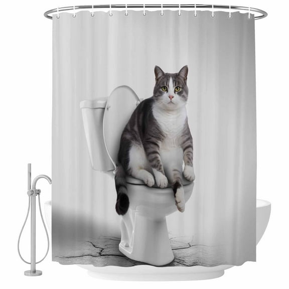 Funny Cat Bathroom Shower Curtains with Hooks, Black White Animal Cat on Toilet Abstract Painting Waterproof Fabric Washable Shower Curtain for Home Hotel Bathtub Decor 60x72 Inch
