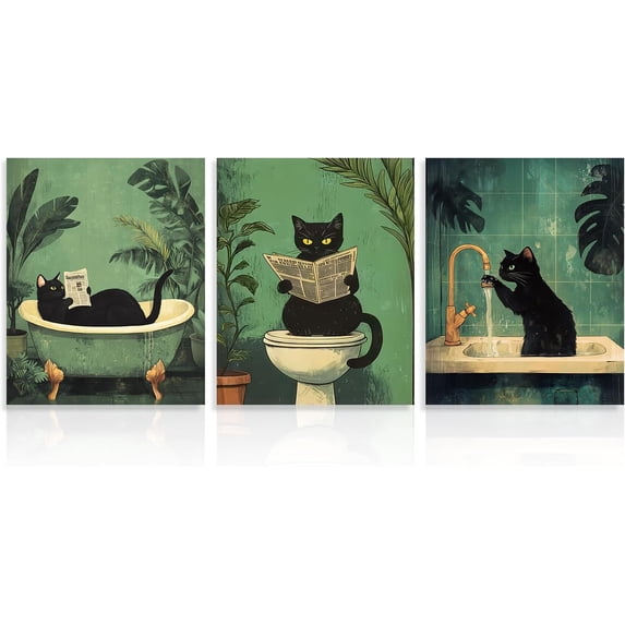 Funny Cat Bathroom Wall Art Pictures Vintage Black Cat Wash Its Paws Reading Newspaper Art Prints for Bathroom Toilet Decor 8x10 in Unframed