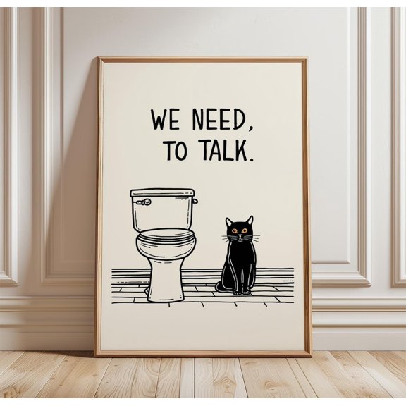 Funny Cat Bathroom We Need Talk Humour Minimal Line Drawing Decor Unframed Paper Print