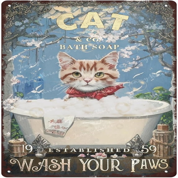 Funny Cat in Bathtub Vintage Bathroom and Bathtub Metal Tin Sign Decor Cat Lovers Gift Farm Home Bar Bathroom Man Cave Retro Wall Art Poster Sign Accessories 12x12 Inches