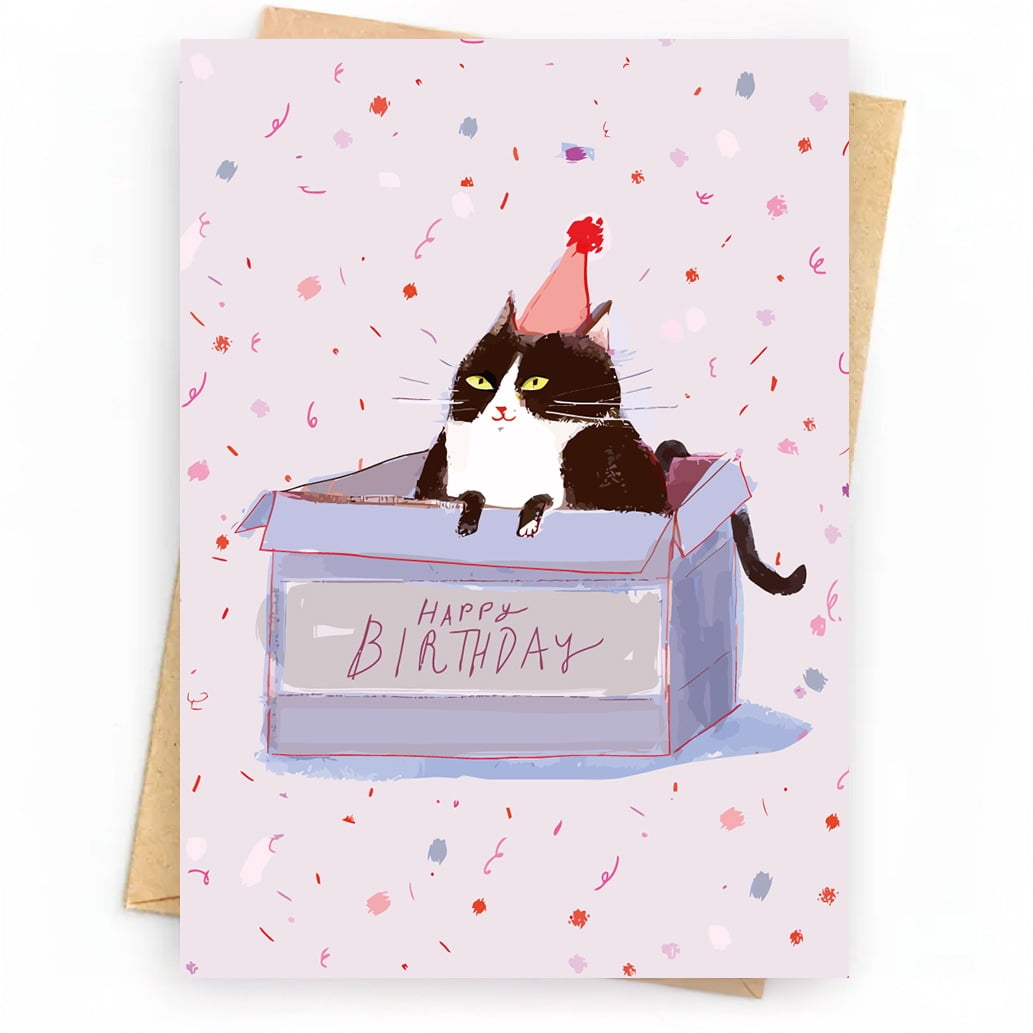 Funny Cat Birthday Card – Happy Birthday Design with Cat in Box – Blank ...