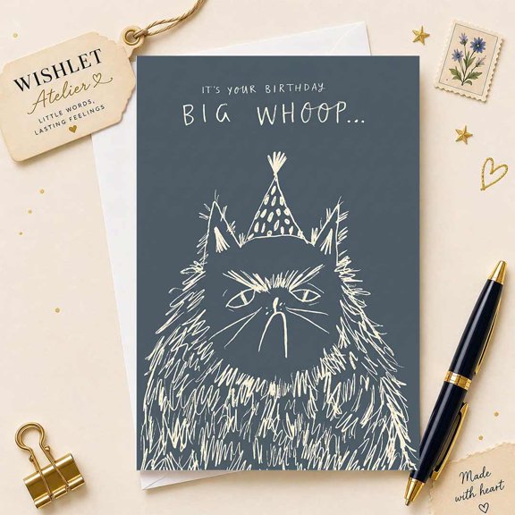 Funny Cat Birthday Card with Big Whoop Message - Humorous Design for Him or Her