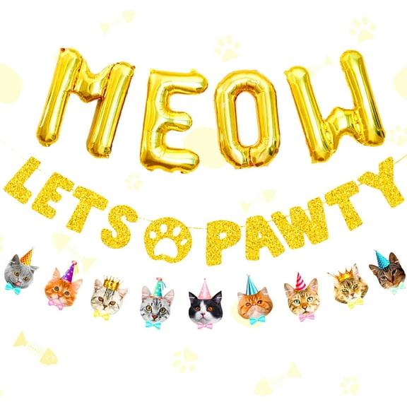 Funny Cat Birthday Meow Balloons Lets Pawty Banner Meow Let's Pawty Banner Pet Kitten's Birthday Party Backdrops Pet Cats Party Supplies Photo Props