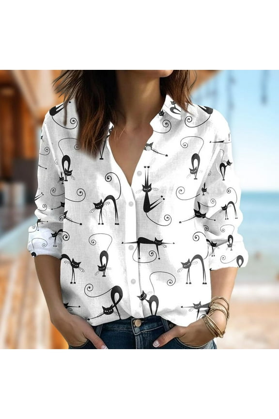 Funny Cat Blouses Women Shirt, Cat Casual Women Shirt, Cat Lover Gifts, Cat Mom Button Up Shirt, Pet Lover Shirt, Cute Cat Shirt