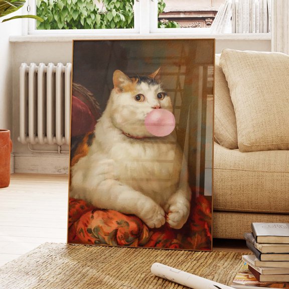 Funny Cat Blowing Bubblegum Poster Whimsical Feline Art Print for Home Decor Cat Lover Gif