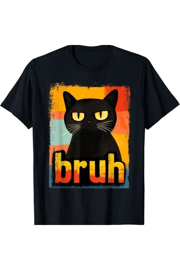 Funny Cat Bruh Meme Graphic T-Shirt For Teens & Adults - Soft Cotton, Casual Fit, Machine Washable - Black With Colorful Cat Design, Unisex Family Tee, Allseason Apparel | Vibrant Graphic Shirt | Glo
