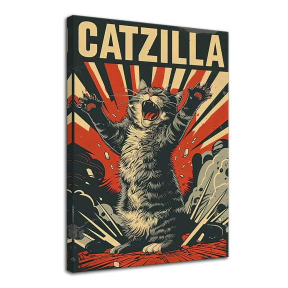Funny Cat Canvas Prints Wall Art Décor Picture Catzilla Poster Paintings for Living Home Room Bedroom Decoration - 8x12 inches Framed