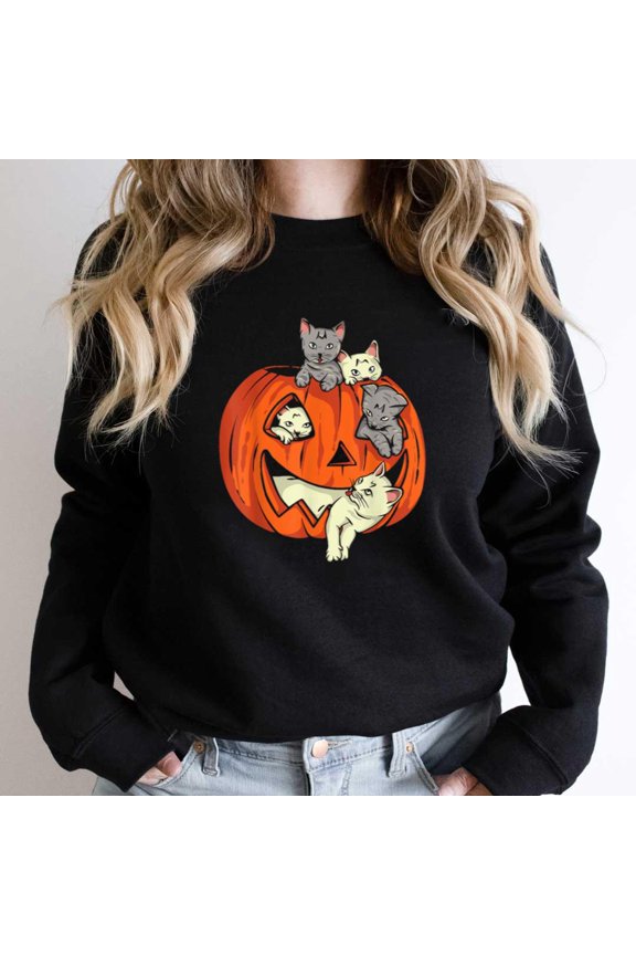 Funny Cat Carved Pumpkin Graphic Tee, Halloween Jack O' Lantern Costume SW17666 Unisex Sweatshirt, Up to Size 5XL