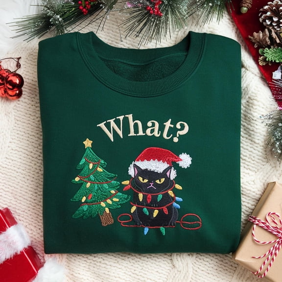 Funny Cat Christmas Embroidered Sweatshirt, Cat Christmas Shirt, Grumpy Cat Lover Sweatshirt, Cat Mom Shirt, Black Cat Christmas Light Shirt