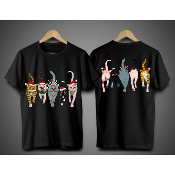 Funny Cat Christmas T-Shirt, Cats in Christmas Hats Graphic Tee, Cat Lover Holiday Shirt, Gildan 5000 Unisex Cotton Tee