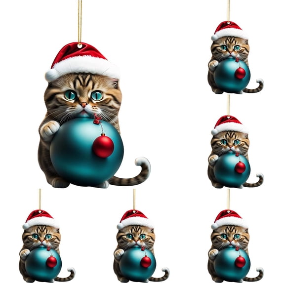 Funny Cat Christmas Tree Ornaments, Flat Acrylic Hanging Pendants with Santa Hat and Christmas Balls, Cute Kitten Winter Holiday Decor for Home, Xmas Tree Hanging Charms, Festive Gift for Cat Lovers