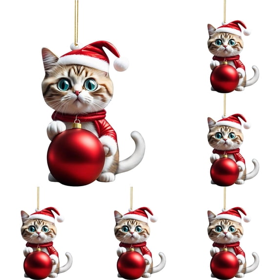 Funny Cat Christmas Tree Ornaments, Flat Acrylic Hanging Pendants with Santa Hat and Christmas Balls, Cute Kitten Winter Holiday Decor for Home, Xmas Tree Hanging Charms, Festive Gift for Cat Lovers