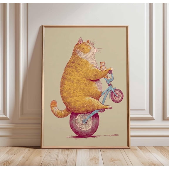 Funny Cat Chubby Cat Wall Art Unicycle Cat Whimsical Animal Decor Unframed Paper Print