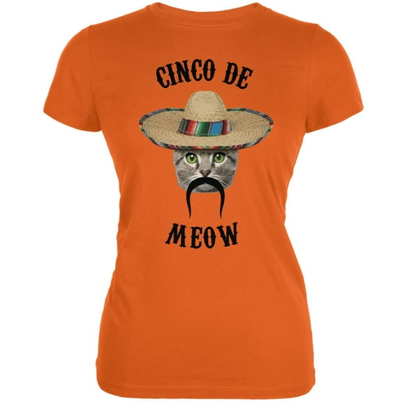 Funny Cat Cinco de Mayo Meow Orange Juniors Soft T-Shirt - X-Large