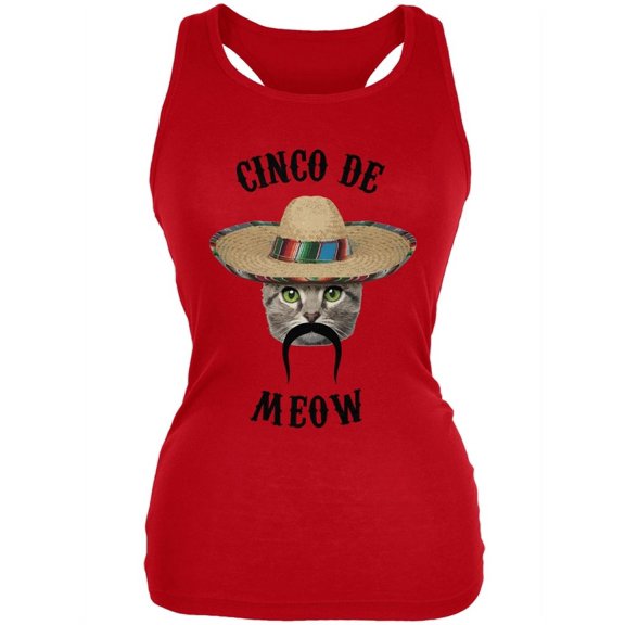 Funny Cat Cinco de Mayo Meow Red Juniors Soft Tank Top - Small