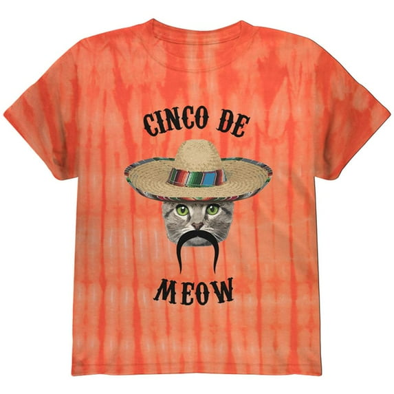 Funny Cat Cinco de Mayo Meow Youth T Shirt Bamboo Orange Tie Dye YLG
