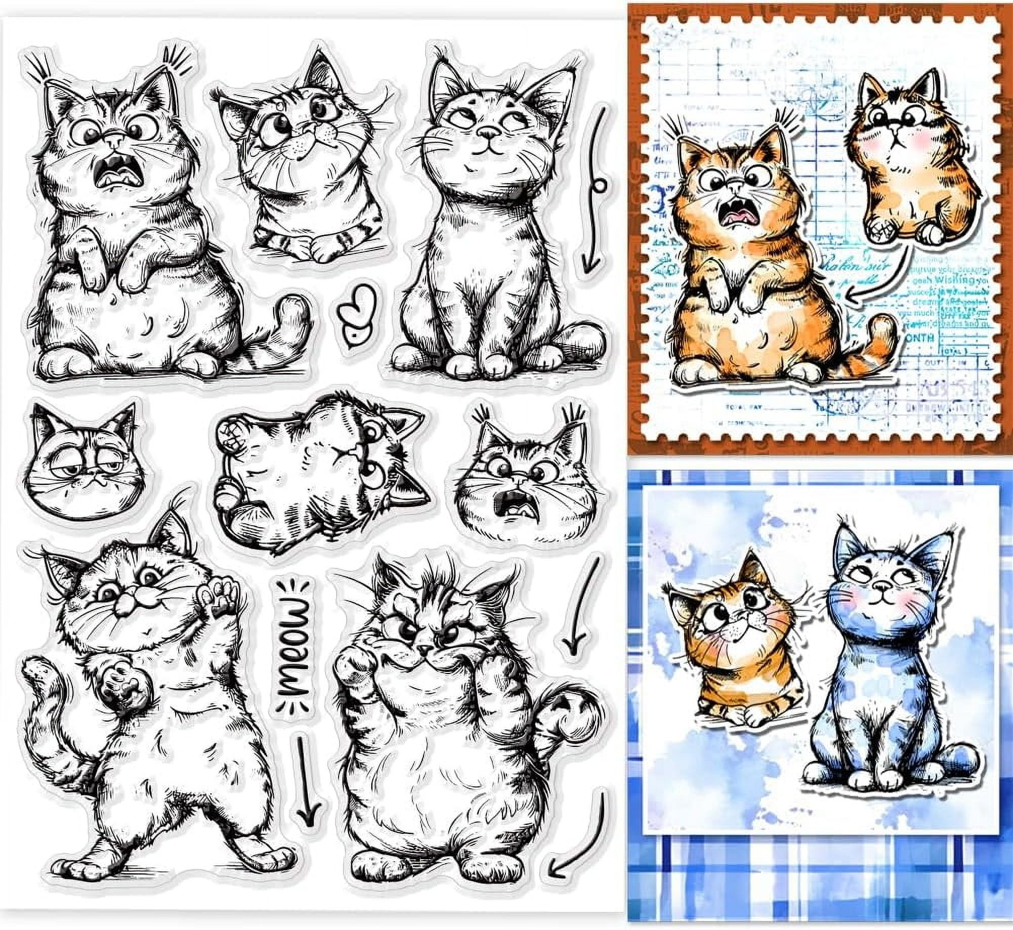 Funny Cat Clear Stamps Action Cat Silicone Clear Stamp Seals Cartoon Cat Transparent Stamps for DIY Scrapbooking Cards Making Photo Album Journal Home Decoration 8.27x5.83 inch for DIY