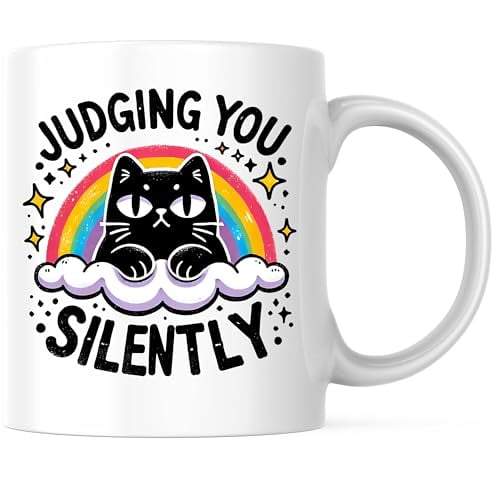 Funny Cat Coffee Mug - Judging You Silently Cartoon Cat Mug - 11 Ounce Unique Coffee Cup - Premium Ceramic - Design Printed On Both Sides - BMCM02786