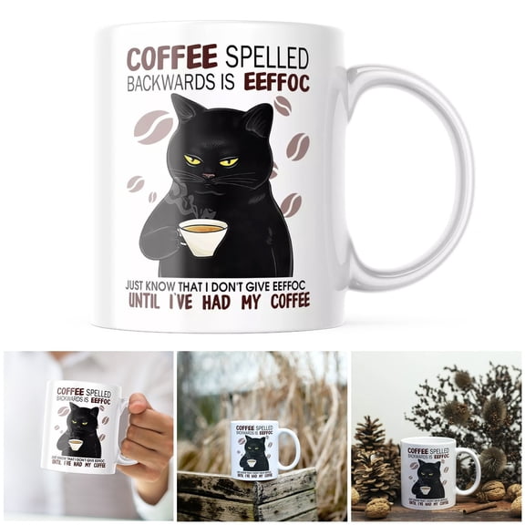 Funny Cat Coffee Mug with Backwards Design Cute Novelty Ceramic Cup for Humorous Morning Brews