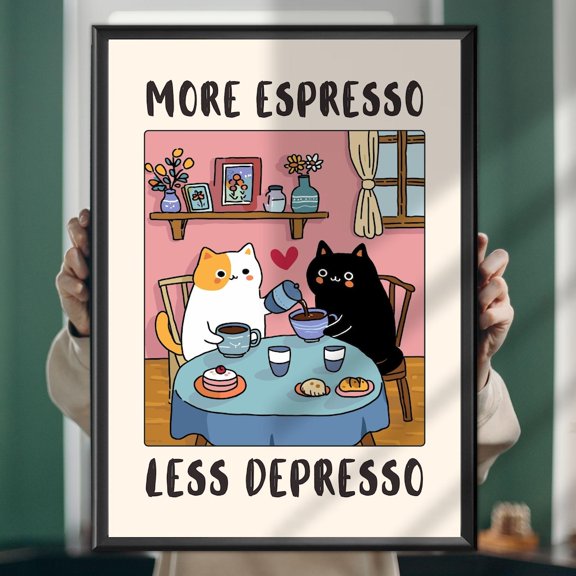 Funny Cat Coffee Poster: More Espresso Less Depresso Kitchen Art UNFRAMED PAPER POSTER, Home Decor, Vintage Gift, Living Room Dercor