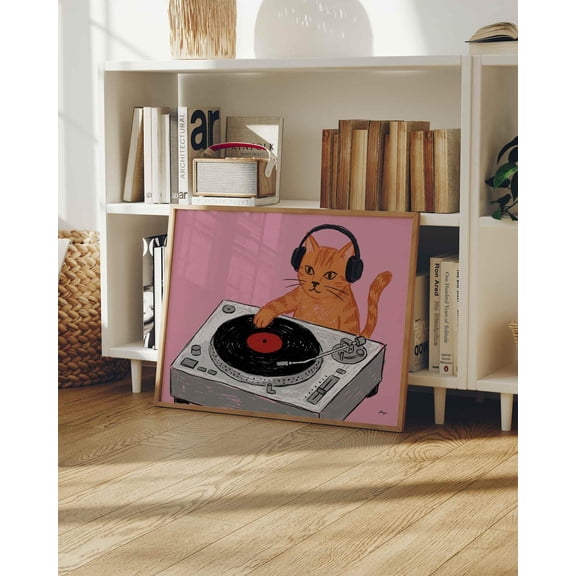 Funny Cat DJ Spinning Vinyl Record Player Music Lover Humorous Fine Art, Unframed Poster