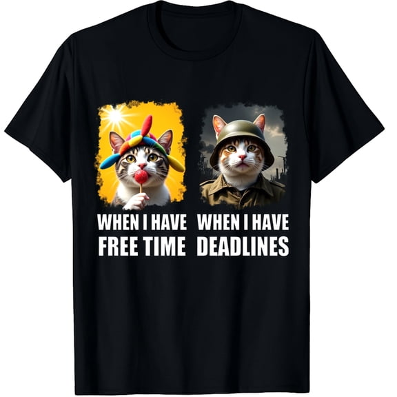 Funny Cat Deadline Meme Graphic T-Shirt - Retro Work Humor Tee for Men and Women - Cute Kitty Free Time vs Deadlines Design
