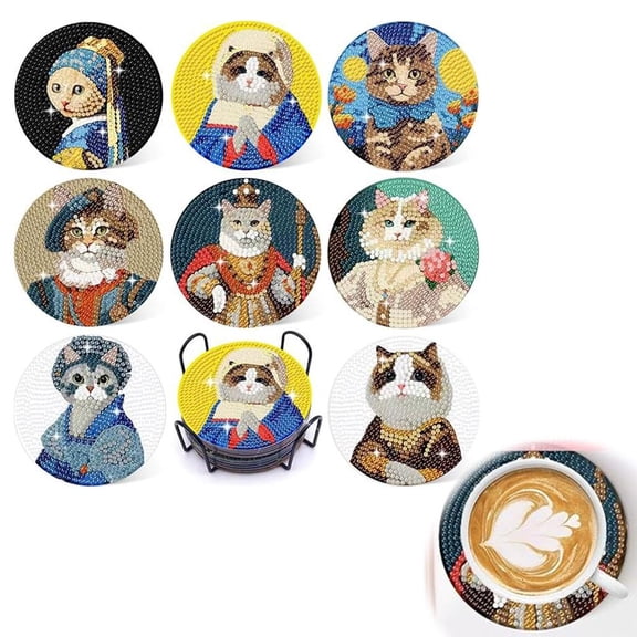 Funny Cat Diamond Painting Coaster Set, DIY Art Kits for Adults, Creative Craft with Holder, Perfect Gift for Cat Lovers
