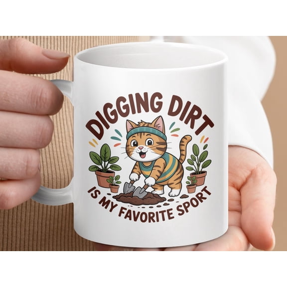 Funny Cat Digging Dirt Mug: Gardening Lover Gift, 11oz Ceramic