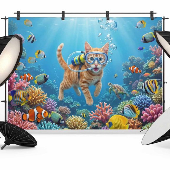 Funny Cat Diving Photography Backdrop 7x5FT, Seafloor Corals Fish Oceans Modern Photo Backdrops, Background for Photography Studio Photo Studio Background, Back Drop for Photoshoot
