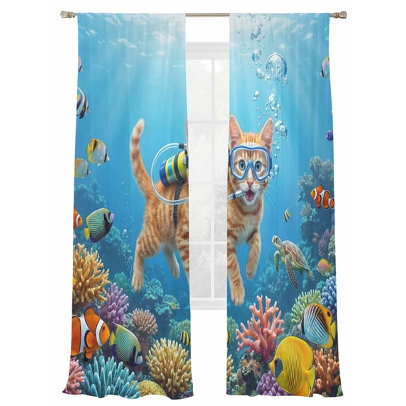 Funny Cat Diving Sheer Curtains 2 Panels Set Seafloor Corals Fish Oceans Modern Sheer Window Curtains Light Filtering Rod Pocket Voile Drapes for Bedroom Living Room 52"X96"