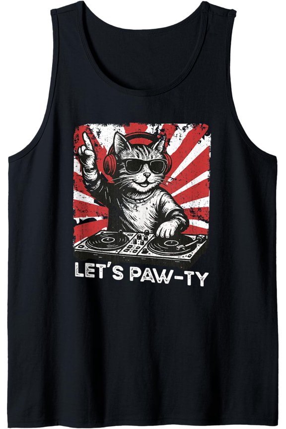Funny Cat Dj Retro Turntable Disco Dance Club Sound Tech Tank Top Size S-3XL