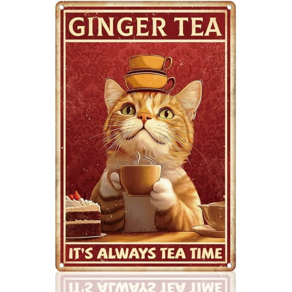 Funny Cat Drinking Ginger Tea Sign Wall Decor It's Always Tea Time Metal Tin Sign Vintage Poster for Home Kitchen Office Garden Bar Wall Decor Gift 8" x 12"
