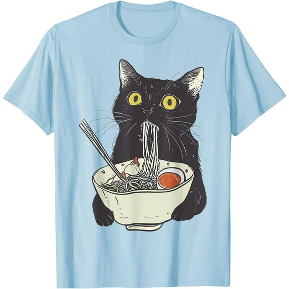 Funny Cat Eating Ramen Vintage Japanese Noodles Unisex T-Shirt for Men Women Kids Toddler,Light Blue Color,Size YM