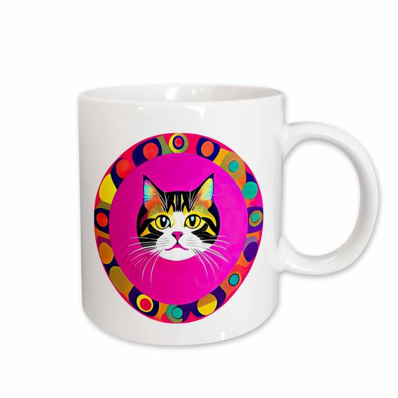 3drose, Funny Cat Face Against the Purple Background Inside Round Frame Gift, 15oz Mug