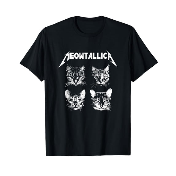 Funny Cat Faces Meowtallica Parody T-Shirt for Cat Lovers and Music Fans
