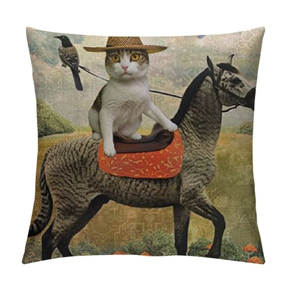 Funny Cat Farmhouse Décor The Cat Cowboy on a Horse Decorative Throw Pillow Cover Sofa Couch
