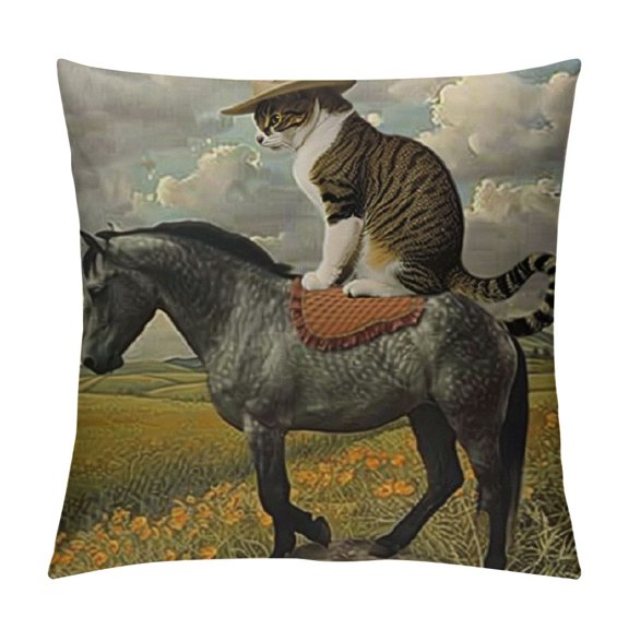Funny Cat Farmhouse Décor The Cat Cowboy on a Horse Decorative Throw Pillow Cover Sofa Couch