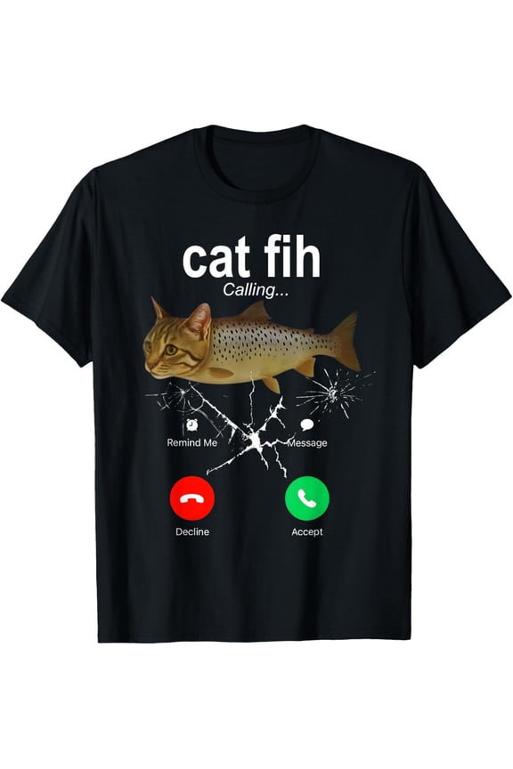 Funny Cat Fih Calling Meme Graphic T-Shirt Retro Humor Incoming Call Novelty Tee for Men Women