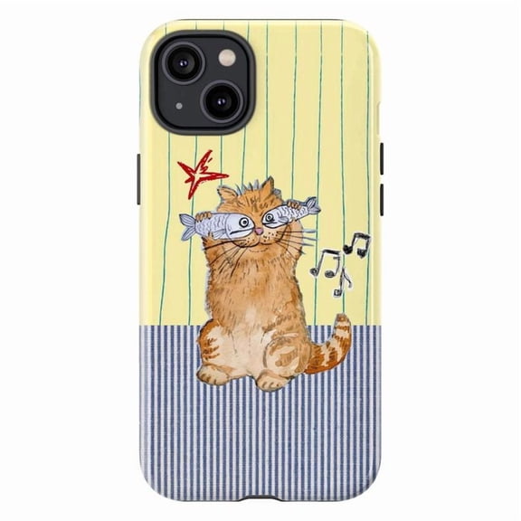 Funny Cat & Fish Phone Case, Cute Tabby Kitten with Fish Glasses Art Cover, Protective Case for iPhone 17 16 15 14 13 12 11 Pro Max Mini
