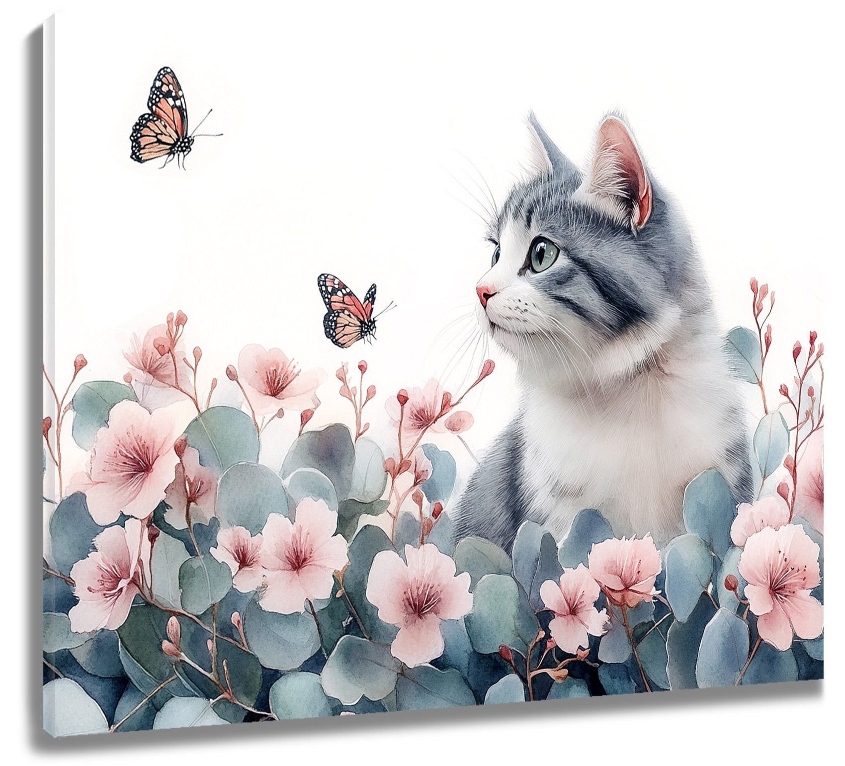 Funny Cat Floral Canvas Wall Art Cute Cat Pink Flowers Green Leaf ...