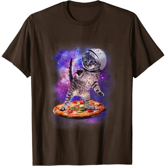 Funny Cat Flying A Pizza Astronaut Kitten Space Unisex T-Shirt for Men Women Kids Toddler,Dark Chocolate Color,Size 4XL