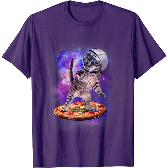Funny Cat Flying A Pizza Astronaut Kitten Space Unisex T-Shirt for Men Women Kids Toddler,Purple Color,Size YM