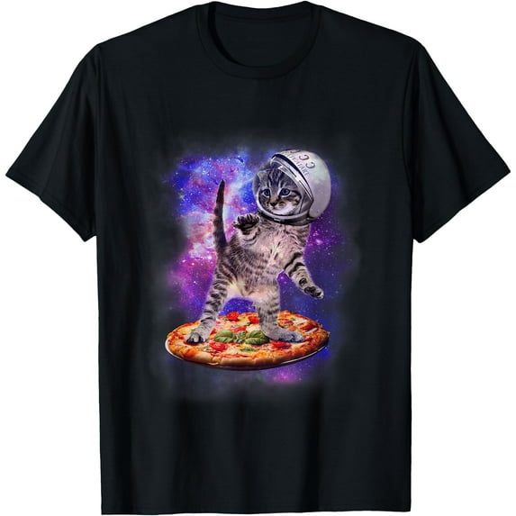 Funny Cat Flying A Pizza Astronaut Kitten Space Unisex T-Shirt for Men Women Kids Toddler